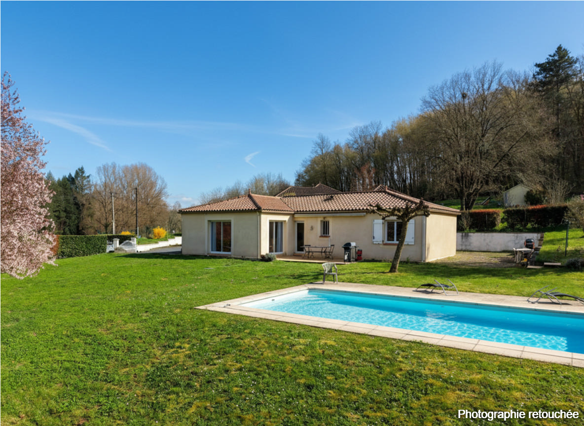 Secteur Gourdon - Agréable et lumineuse Maison de plain pied avec double garage, piscine sur 1998 m² clos 