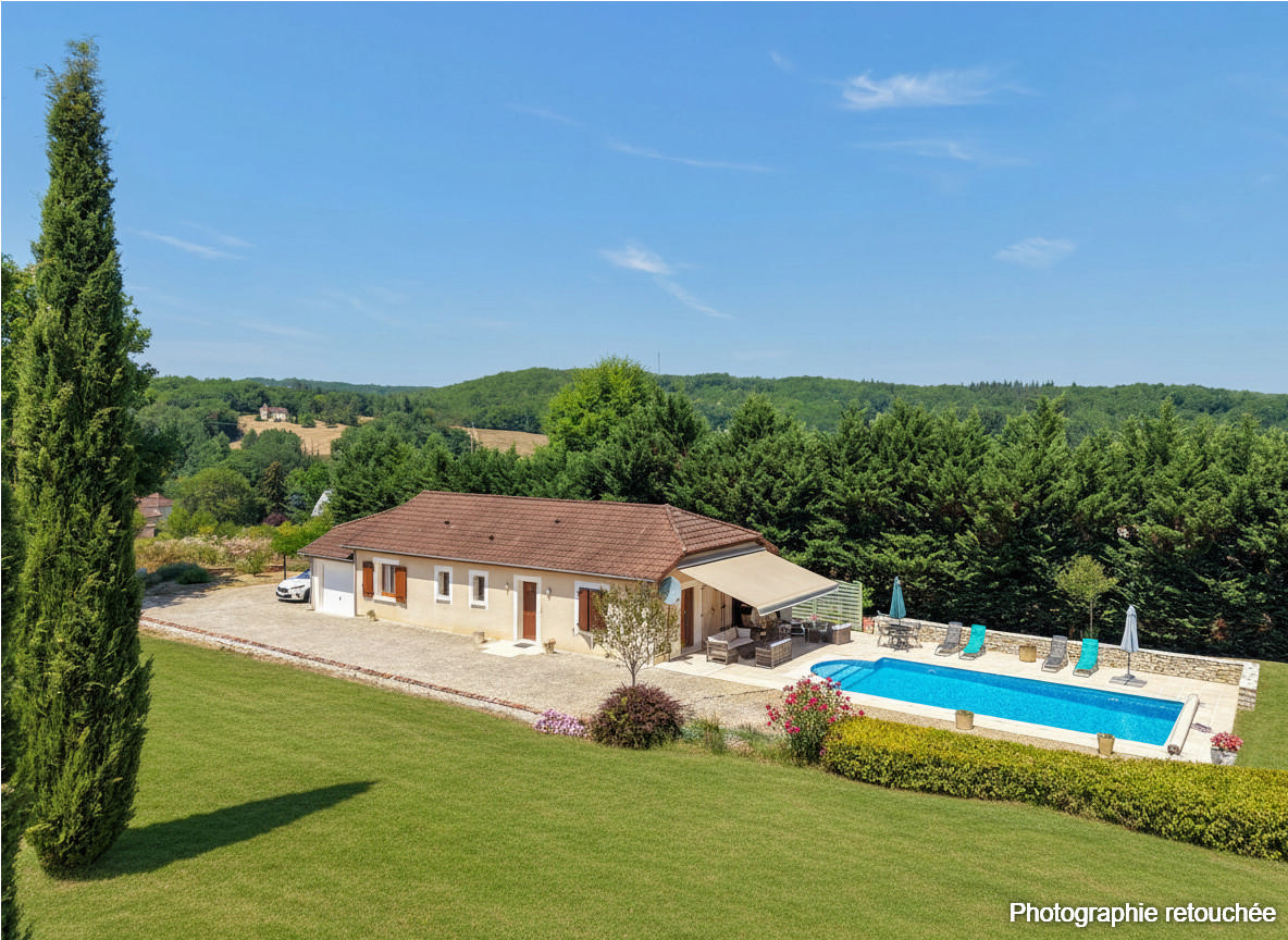 SECTEUR GOURDON - Lumineuse Maison contemporaine de plain-pied 3 chambres avec jardin arboré et piscine 