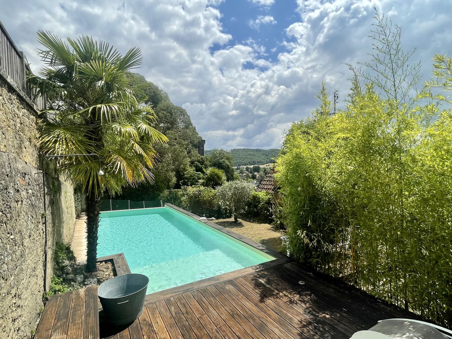 Sur les hauteurs de Montignac-Lascaux, maison ancienne avec gîte, garage et piscine sur 1500 m² de terrain. Jardin plein de charme et vue exceptionnelle sur le village!