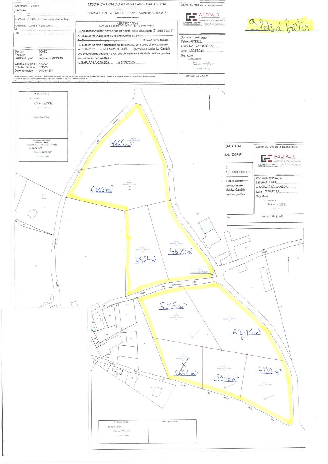 A vendre sur les hauteurs de la commune de Tamniès, proche de Sarlat, 9 lots de terrain à bâtir de belle superficie ( de 2500 m² à 6000 m² environ ), 18€ le m².