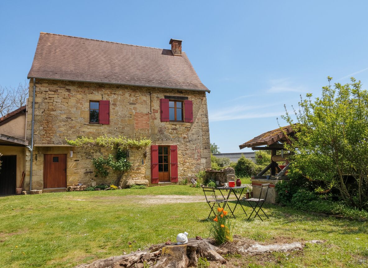 Ferme du XVI° joliment restaurée et sa grange en pierre au calme avec vue