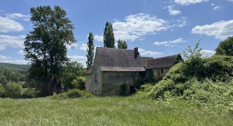 Belle propriété à rénover en Vallée Vézère, sur près de 4 hectares en nature de prairie et bois, avec plusieurs sources. Maison principale et dépendances. Très beau site.