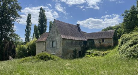 Belle propriété à rénover en Vallée Vézère, sur près de 4 hectares en nature de prairie et bois, avec plusieurs sources. Maison principale et dépendances. Très beau site.
