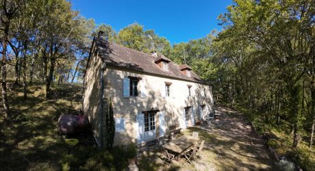 En Périgord Noir, sur les hauteurs à 10 mn de Montignac, maison en pierre sur 4 hectares dans un environnement boisé, calme et sans voisin proche.