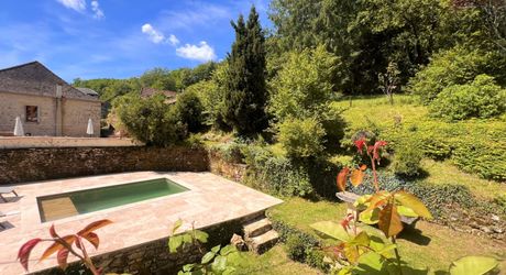 SUPERBE MAISON EN PIERRE RÉNOVÉE AVEC 3 CHAMBRES DANS UN CHARMANT HAMEAU PRÈS DE MONTIGNAC, AVEC PISCINE CHAUFFÉE NEUVE, GARAGE, CHALET ET DÉPENDANCES EN PIERRE, AVEC JARDINS ET QUELQUES BOIS. PF90311