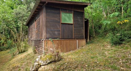 Maison contemporaine, chalets en bois et terrain boisé d'un hectare