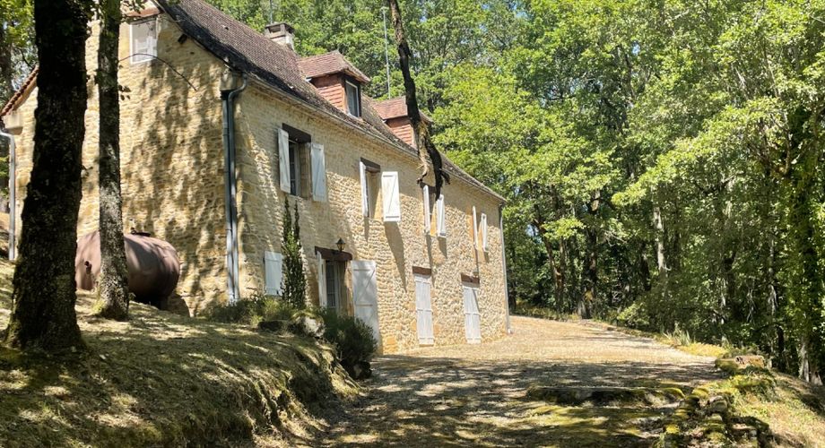 En Périgord Noir, sur les hauteurs à 10 mn de Montignac, maison en pierre sur 4 hectares dans un environnement boisé, calme et sans voisin proche.