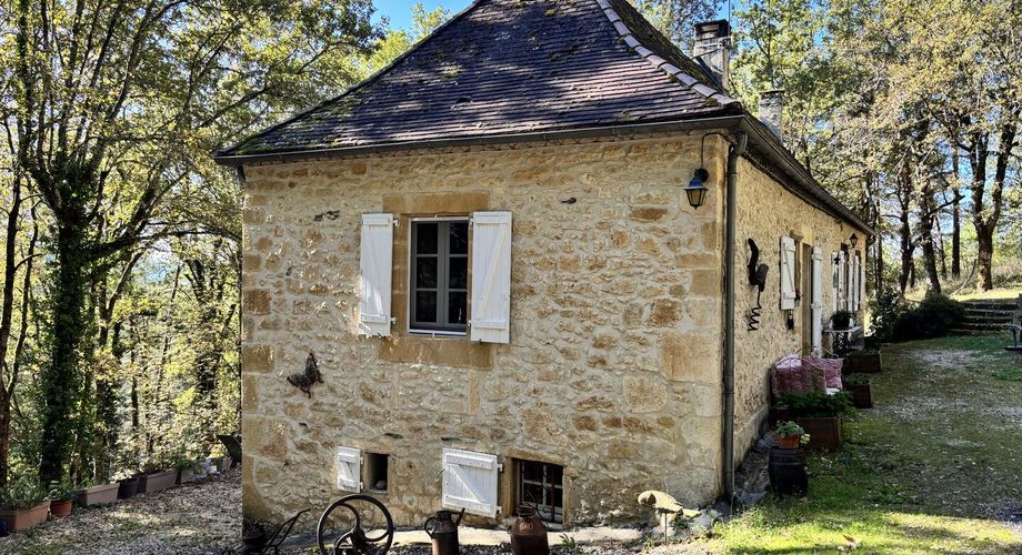 En Périgord Noir, sur les hauteurs à 10 mn de Montignac, maison en pierre sur 4 hectares dans un environnement boisé, calme et sans voisin proche.
