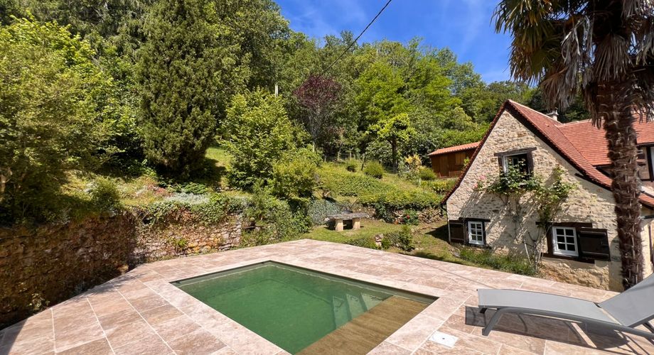 SUPERBE MAISON EN PIERRE RÉNOVÉE AVEC 3 CHAMBRES DANS UN CHARMANT HAMEAU PRÈS DE MONTIGNAC, AVEC PISCINE CHAUFFÉE NEUVE, GARAGE, CHALET ET DÉPENDANCES EN PIERRE, AVEC JARDINS ET QUELQUES BOIS. PF90311